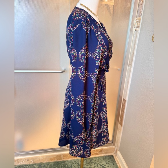 LUSH Navy Blue Paisley Long Sleeve Midi Wrap Dress - Picture 10 of 16